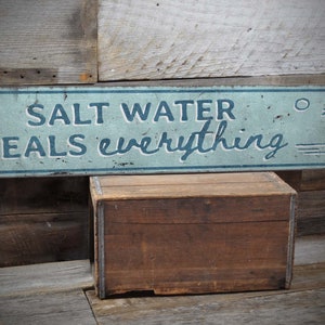 Saltwater Heals Everything Sign, Beach House Decor, Coastal Wall Decor, Tranquil Beach Sign, Distressed Wood Sign - Handmade Wooden Sign