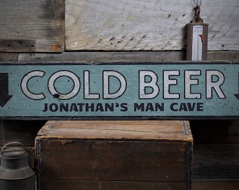 Letrero de cerveza fría, letrero rústico de cerveza, regalo para amantes de la cerveza, letrero para cueva de hombres, regalo de cerveza personalizado, letrero de bar para cueva de hombres, letrero de madera vintage hecho a mano.