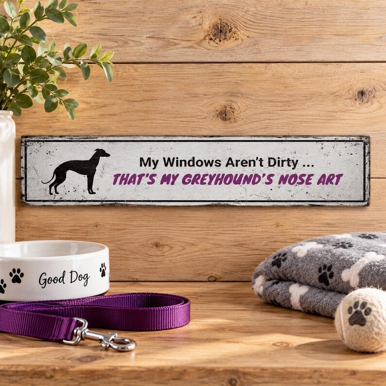Greyhound-skylt, rolig noskonst rustik trähunddekoration, vintage väggbonad för mudroomkök, hundmammapresentidé bild 3