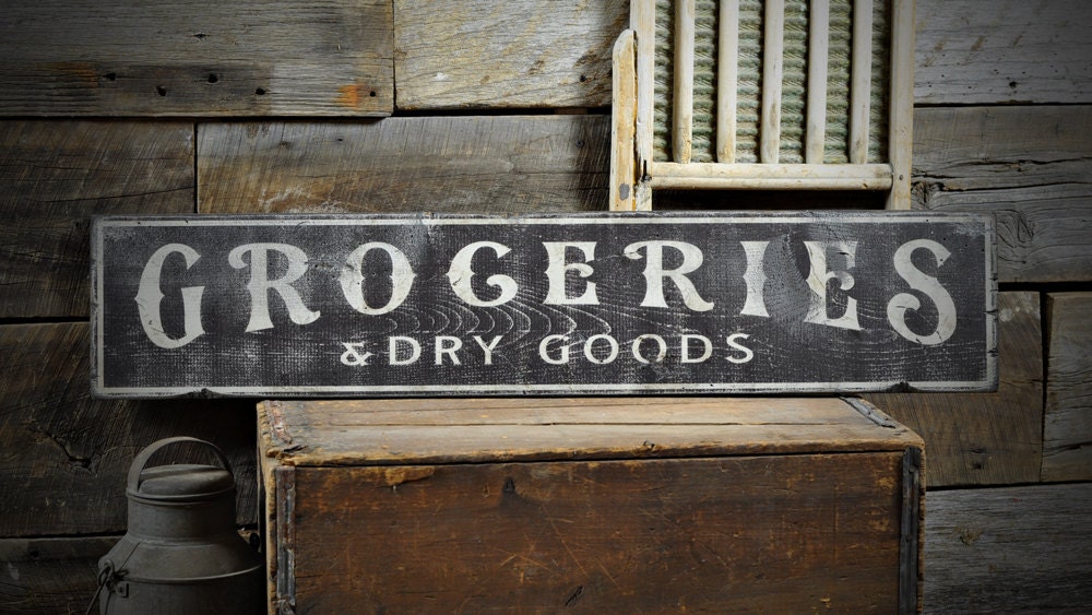 Groceries Dry Goods Vintage Retro Wood Sign 8x3" Farmhouse  Shelf Sitter pj 