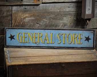 Letrero rústico de tienda general, decoración primitiva de madera vintage