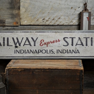 Railway Express Station Wood Sign, Custom Train Location City State Name Man Cave Decor - Rustic Hand Made Vintage Wooden Sign Decor