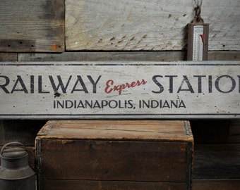 Railway Express Station Wood Sign, Custom Train Location City State Name Man Cave Decor - Rustic Hand Made Vintage Wooden Sign Decor