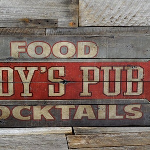Custom Food & Cocktails Pub Sign, Personalized Wooden Food And Pub Decorations  - Rustic Hand Made Vintage Wooden Sign Decoration