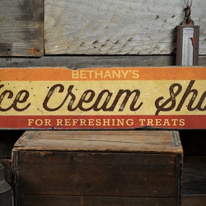 Striped Ice Cream Shop Wood Sign, Custom Refreshing Treats Store Owner Name Kitchen Decor - Rustic Hand Made Vintage Wooden Sign