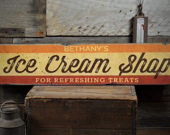 Striped Ice Cream Shop Wood Sign, Custom Refreshing Treats Store Owner Name Kitchen Decor - Rustic Hand Made Vintage Wooden Sign