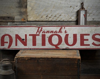 Antiques Wood Sign, Custom Rustic Home Decor, Antique Lover Gift, Shop Owner Name Sign - Rustic Hand Made Vintage Wooden Sign Decorations