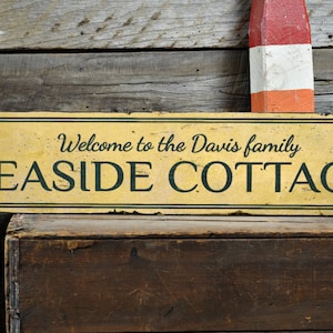 Seaside Cottage Wood Sign, Personalized Welcome Family Cottage Sign, Family Name Decor - Rustic Hand Made Vintage Wooden Sign Decorations