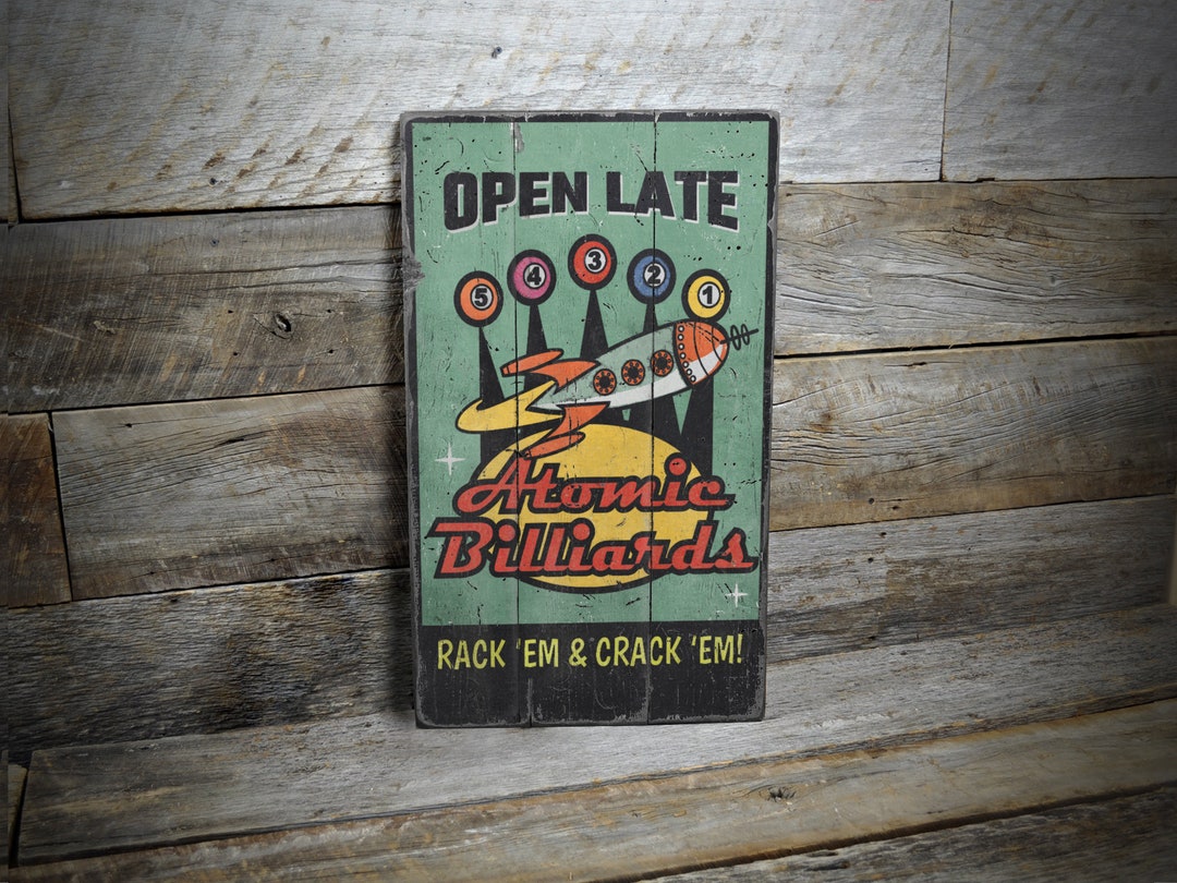 Atomic Billiards Sign, Pool Room Sign, Pool Hall Decor, Game Room Wall ...