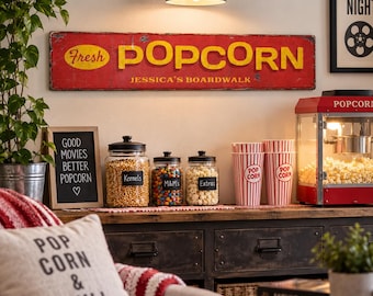 Popcorn Sign, Custom Name Home Theater Wood Decor, Rustic Movie Room Wall Hanging, Concession Stand Gift Idea