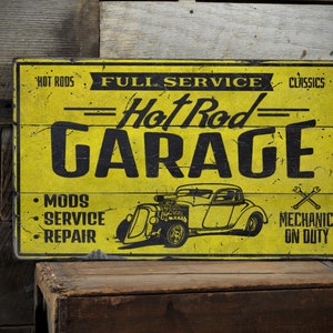 Full Service Hot Rod Garage Sign, Mechanic On Duty, Vintage Style Garage, Old Car Lover Gifts, Rustic Looking Sign - Handmade Wooden Sign