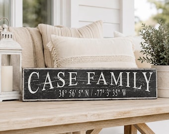 Custom Family Name Coordinates Sign, Personalized Latitude Longitude Wood Sign, Rustic Distressed Farmhouse Entryway Wall Decor Gift