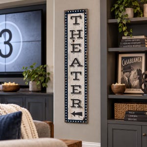 May include: A tall, rectangular vertical wooden sign with a distressed white finish and dark blue borders featuring white polka dots. The word THEATER is printed in large, bold, black serif capital letters, with a black arrow pointing left below.