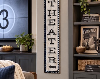 Theater Sign, Rustic Home Movie Room Wood Decor, Vintage Marquee Wall Hanging, Basement Cinema Gift Idea