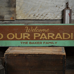 Welcome To Our Paradise Wood Sign, Personalized Family Name Beach House Decor, Ocean Gift - Rustic Hand Made Vintage Wooden Sign Decor Signs