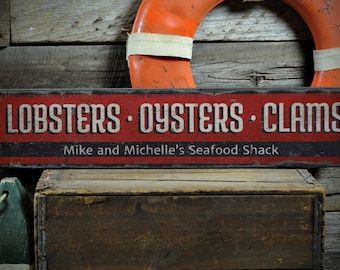 Zeevruchtenbord, Kreeftenbord, Cadeau op maat voor chef-kok, Bord voor viskraam, Decoratie voor strandkeuken - Rustiek handgemaakt vintage houten bord