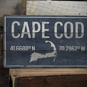 Cape Cod Sign, Wood Location Sign, Coordinates Sign, Cape Cod Decor, Weathered Look Sign, Vintage Style Sign - Custom Wooden Sign