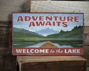 Adventure Awaits Sign, Lake Welcome Sign, Lake House Decor, Lake Cabin Decor, Adventure Sign, Handmade Wooden Sign - Weathered Lake Sign
