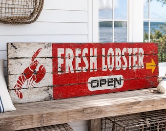 Bord met afbeelding van verse kreeft | Rustiek houten bord met zeevruchten, wanddecoratie voor een kustkeuken, nautisch wanddecoratiebord voor een strandhuis