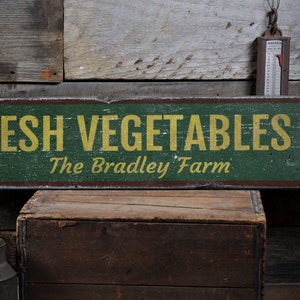 Fresh Vegetables Arrow Wood Sign, Personalized Family Name Gift, Farmstead House Decor - Rustic Hand Made Vintage Wooden Sign Decoration