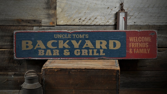 Backyard Bar Grill Wood Sign Custom Name Sign Welcome Etsy