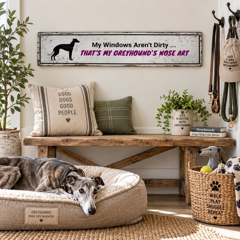 Greyhound-skylt, rolig noskonst rustik trähunddekoration, vintage väggbonad för mudroomkök, hundmammapresentidé bild 1