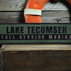 Full Service Marina Wood Sign, Personalized Lake Name Sign, Distressed Lake House Decor - Rustic Hand Made Vintage Wooden Sign
