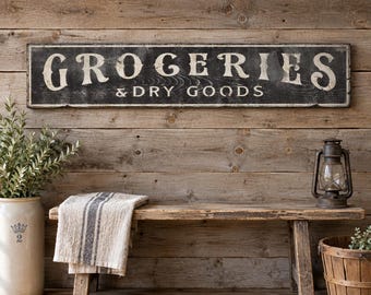 Groceries & Dry Goods Distressed Sign, Rustic Kitchen Wall Decor