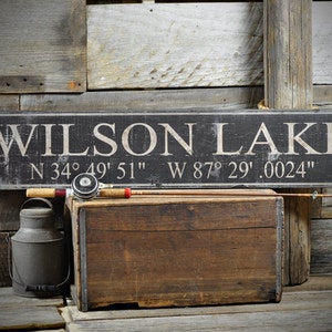 Lake Sign, Lake House Sign, Lake House Decor, Custom Lake Sign, Latitude & Longitude Sign, Lake Cabin Sign Rustic Vintage Wooden Decoration