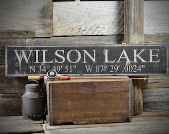 Lake Sign, Lake House Sign, Lake House Decor, Custom Lake Sign, Latitude & Longitude Sign, Lake Cabin Sign Rustic Vintage Wooden Decoration