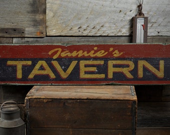 Tavern Wood Sign, Personalized Bar Owner Bartender Name Gift, Custom Home Pub Saloon Decor - Rustic Hand Made Vintage Wooden Sign