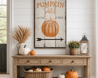 Rustic Pumpkin Patch Sign, U-Pick Fall Farm Wood Sign, Farmhouse Autumn Harvest Mantel Entryway Wall Decor, Distressed Pumpkin Decor Gift