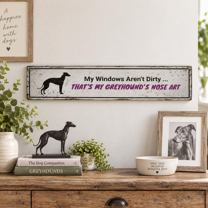Greyhound-skylt, rolig noskonst rustik trähunddekoration, vintage väggbonad för mudroomkök, hundmammapresentidé bild 2