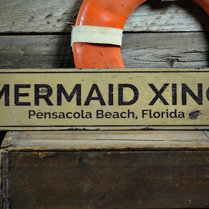 Mermaid Xing Wood Sign, Custom Beach Location Crossing Sign, Distressed Mermaid Lover Sign - Rustic Hand Made Vintage Wooden Sign