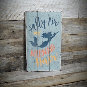 Salty Air And Mermaid Hair Sign, Coastal Home Decor, Beach House Sign, Salt Life Wall Decor, Rustic Beach Sign - Handmade Wooden Sign