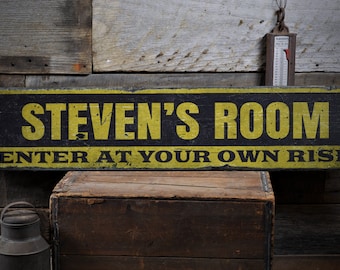 Boy's Room Wood Sign, Enter At Your Own Risk Sign, Vintage Room Decor, Boy Room Gift, Custom Room Sign, Rustic Handmade Wood Sign Decor