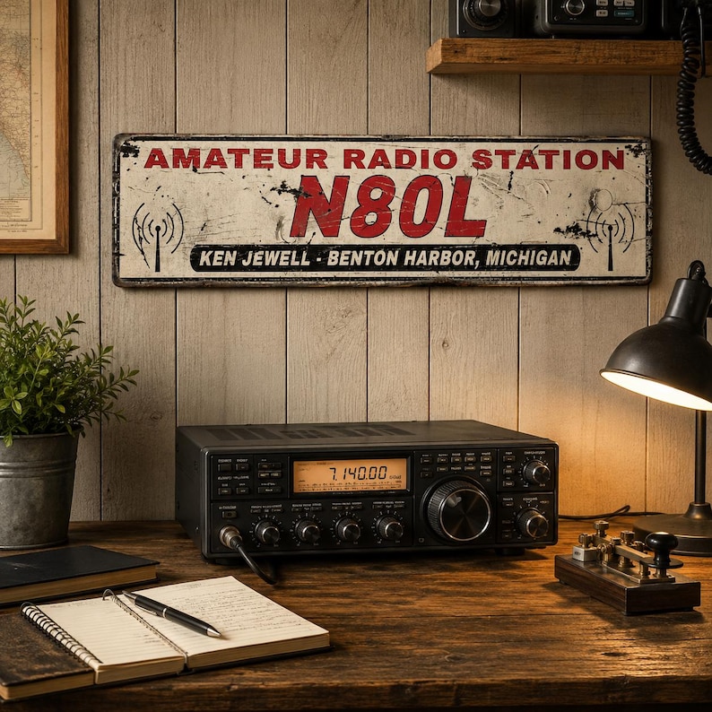 May include: A rectangular metal sign with a distressed white finish, featuring the red text AMATEUR RADIO STATION, the call sign N80L in large red letters, and the black text KEN JEWELL - BENTON HARBOR, MICHIGAN, flanked by two black radio tower icons.