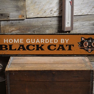 Home Guarded Decor, Black Cat Decorations, October Lover Sign, Wooden Scary Signs, Wood Decor- Rustic Hand Made Wooden Sign Decoration