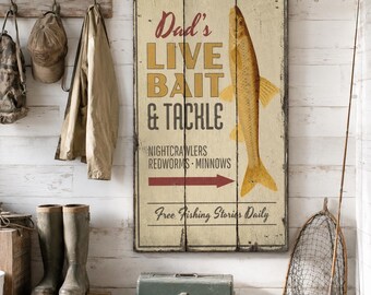 Bait Shop Sign, Personalized Live Bait Tackle Wood Sign, Custom Fishing Decor, Rustic Gift for Dad