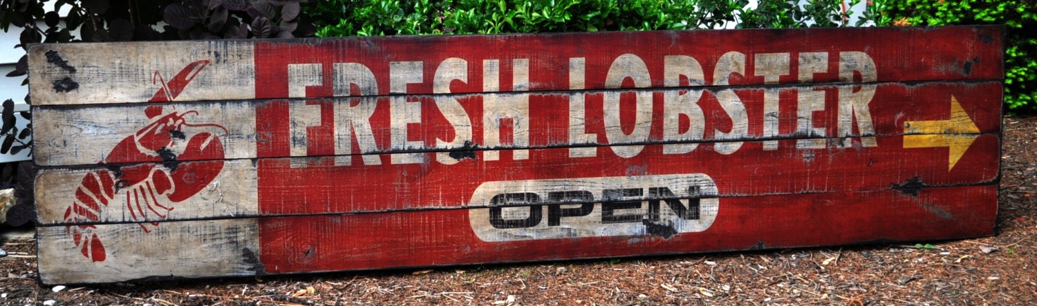 Fresh Lobster Seafood Open Sign  - Rustic Hand Made Vintage Wooden Sign  - Wooden Sign Decorations