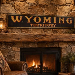 May include: A rectangular black sign with a distressed finish featuring the text WYOMING TERRITORY in bold yellow and orange lettering. The sign has a thin yellow border and is mounted horizontally on a stone fireplace above a wooden mantel.