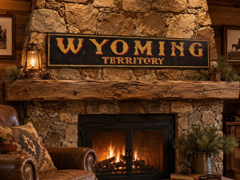 May include: A rectangular black sign with a distressed finish featuring the text WYOMING TERRITORY in bold yellow and orange lettering. The sign has a thin yellow border and is mounted horizontally on a stone fireplace above a wooden mantel.