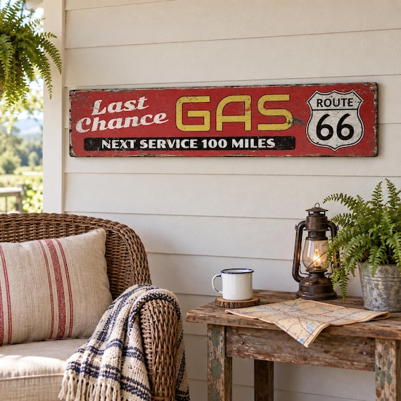 Last Chance Gas Sign, Rustic Route 66 Wood Garage Decor, Vintage