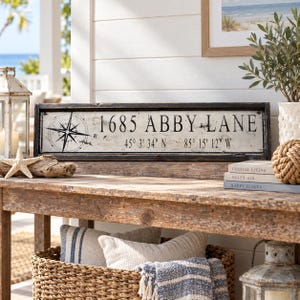 Personalized Address Sign, Custom Street Address Coordinates Sign, Nautical Compass Wood Sign, Coastal Home Decor, New Home Gift