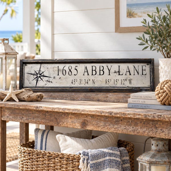 Personalized Address Sign, Custom Street Address Coordinates Sign, Nautical Compass Wood Sign, Coastal Home Decor, New Home Gift