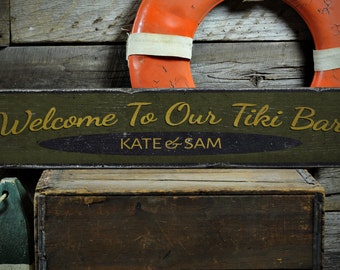 Welcome Tiki Bar Wood Sign, Personalized Bar Owner Name Sign, Custom Distressed Bar Decor - Rustic Hand Made Vintage Wooden Sign Decor