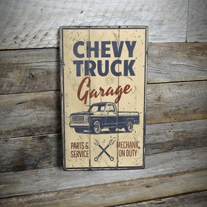 Chevy Truck Garagenschild, rustikales Garagenschild, Mannhöhle Geschenke, Chevy Truck-Dekor, Chevy Geschenke, verwittertes Stilschild - handgemachtes Holzschild