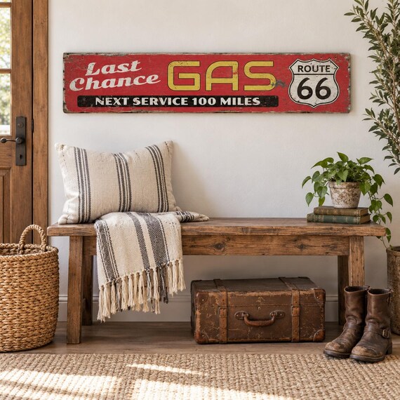 Last Chance Gas Sign, Rustic Route 66 Wood Garage Decor, Vintage