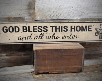 God Bless This Home And All Who Enter Sign, Welcome Sign, Religious Sign, Housewarming Gift, Christian Gifts - Rustic Handmade Wooden Sign