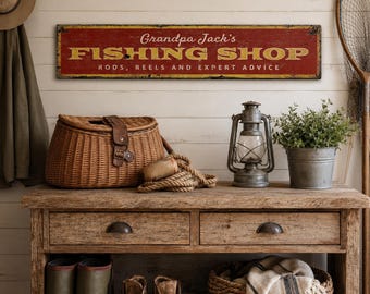 Winkelbord voor visserij, cadeau voor opa die vist, cadeau voor visliefhebber, houten winkelbord op maat, rustiek handgemaakt vintage houten decoratiebord